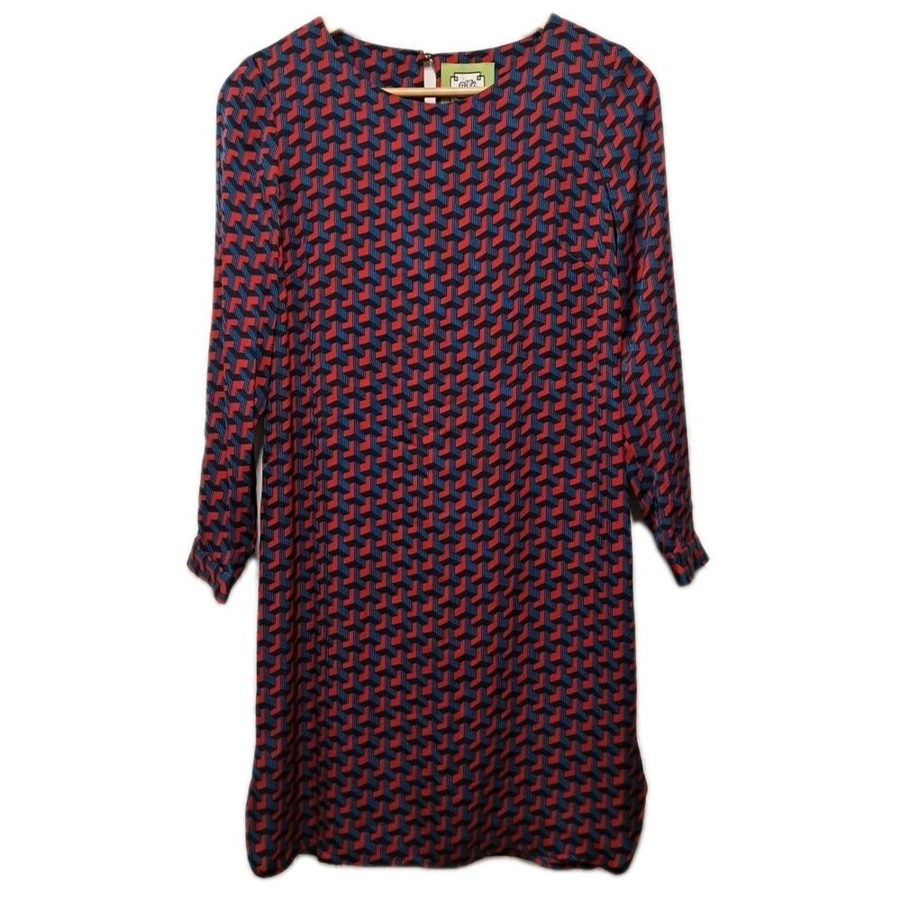 Elizabeth McKay Long Sleeve Shift Dress Womens 2 Geo Print Silk Satin Stretch